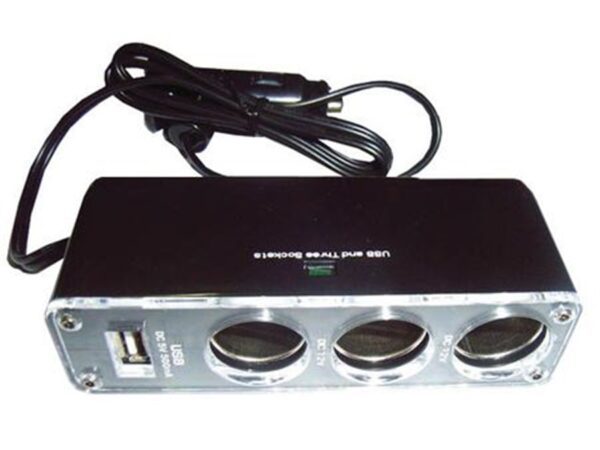 Разклонител за запалка на автомобил T/S, с 3 гнезда и USB изход, 5V/500 mA/60W, Черен