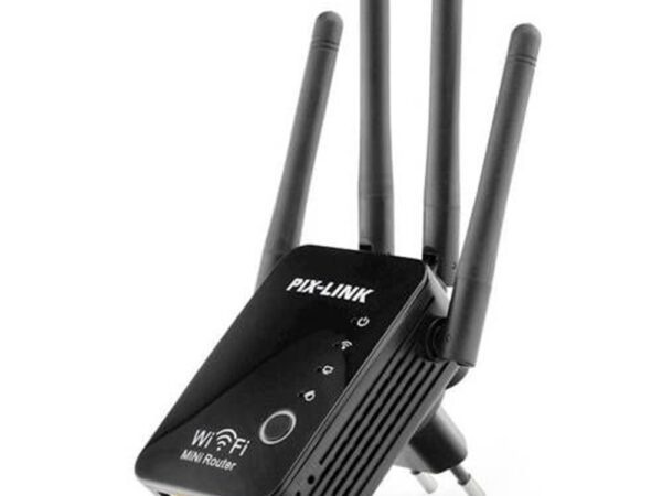 Усилвател за Wi-Fi мрежа PIX-LINK, Модел LV-WR16, 300mbps, 2 LAN Port, Повторител, Рипийтър, Ретранслатор, 4 антени, Черен