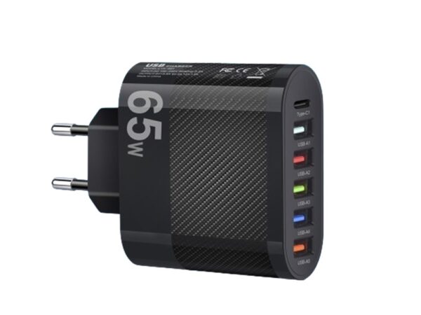 Мрежово зарядно устройство LYK-881, 6 в 1, 65 W, 5 х USB порта, 1 х USB Тype-C