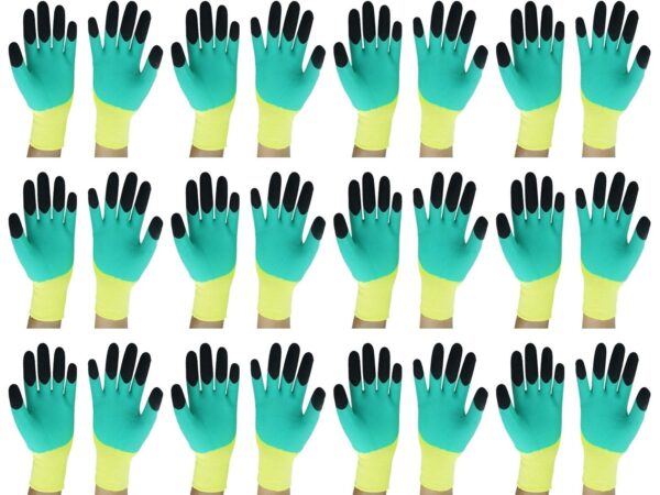 Пакет от 12 чифта работни ръкавици 1Tech Elephant-2020, Латекс, Безшевни, Плетени, Зелен/Жълто