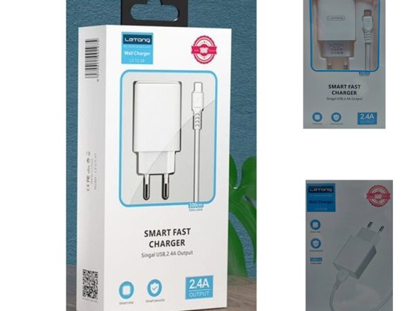 Бяло мрежово зарядно устройство 1Tech с USB порт и включен кабел Lightning за iPhone.
