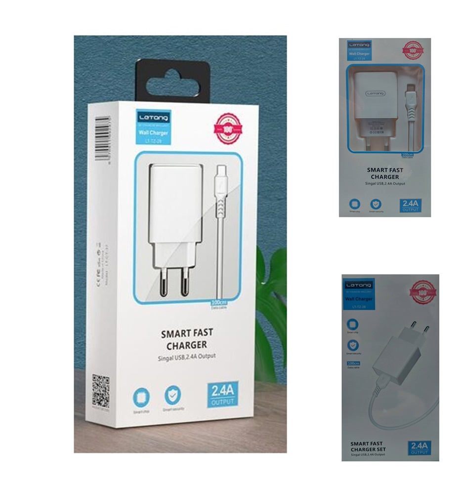 4113472 Бяло мрежово зарядно устройство 1Tech с USB порт и включен кабел Lightning за iPhone.